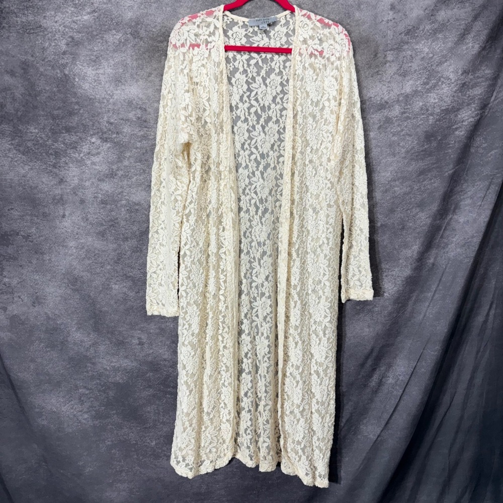 Ruff Hewn Ivory Floral Lace Duster Cardigan Sz L Open Front Cottagecore Romantic